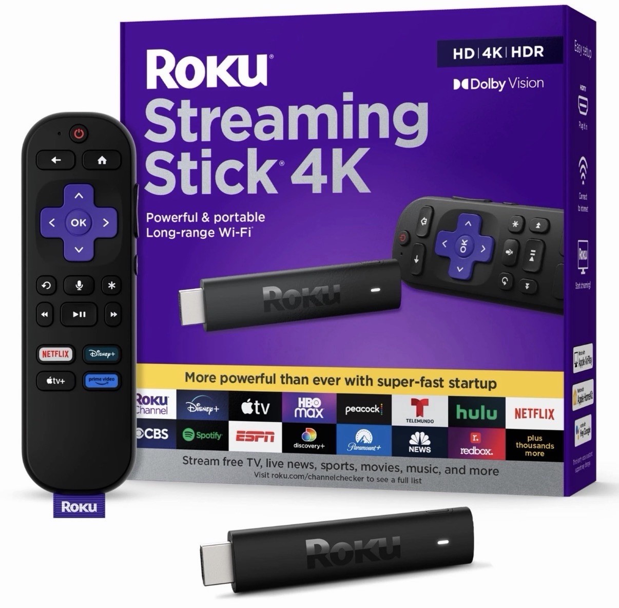 Roku Streaming Stick 4K Black 2160p HDR Dolby Vision Wi-Fi HDMI Voice Remote