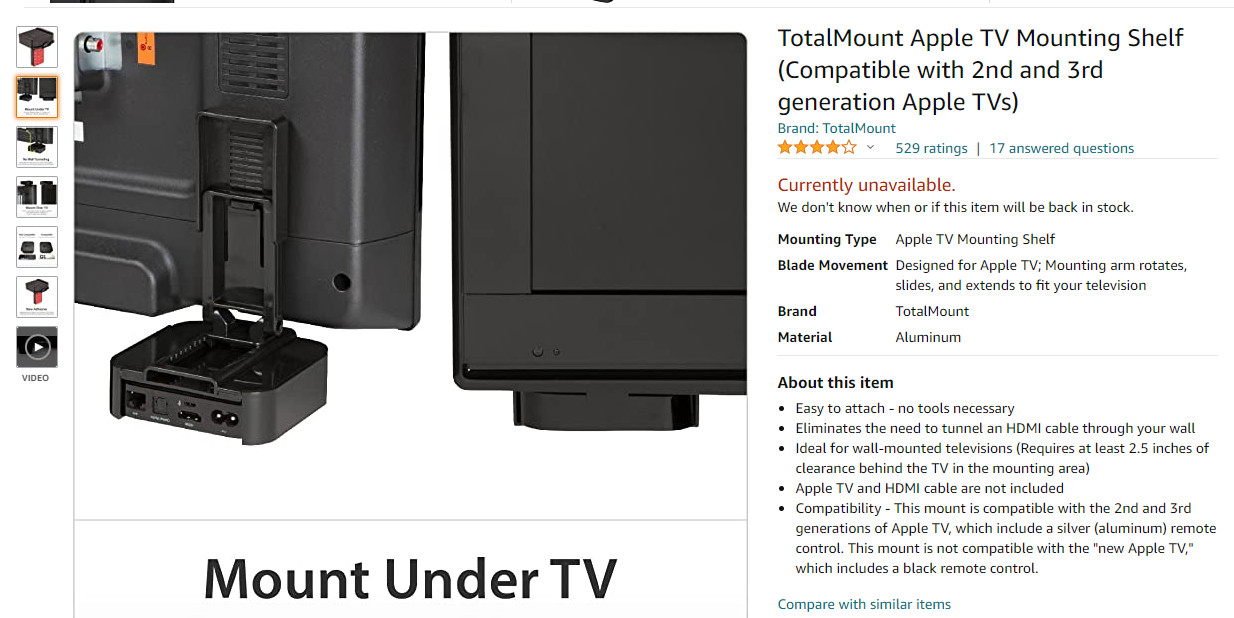 Apple TV A1427 Bundle 3rd Generation with power cable remote and mount