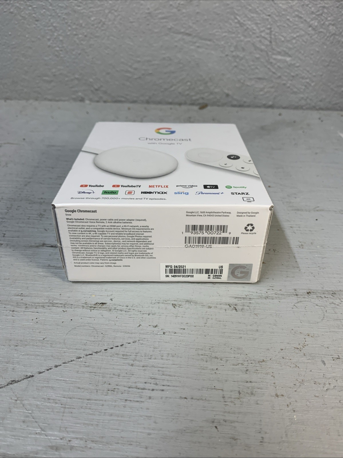 Google Chromecast with Google TV 4K Media Streamer White Wi-Fi Bluetooth HDMI