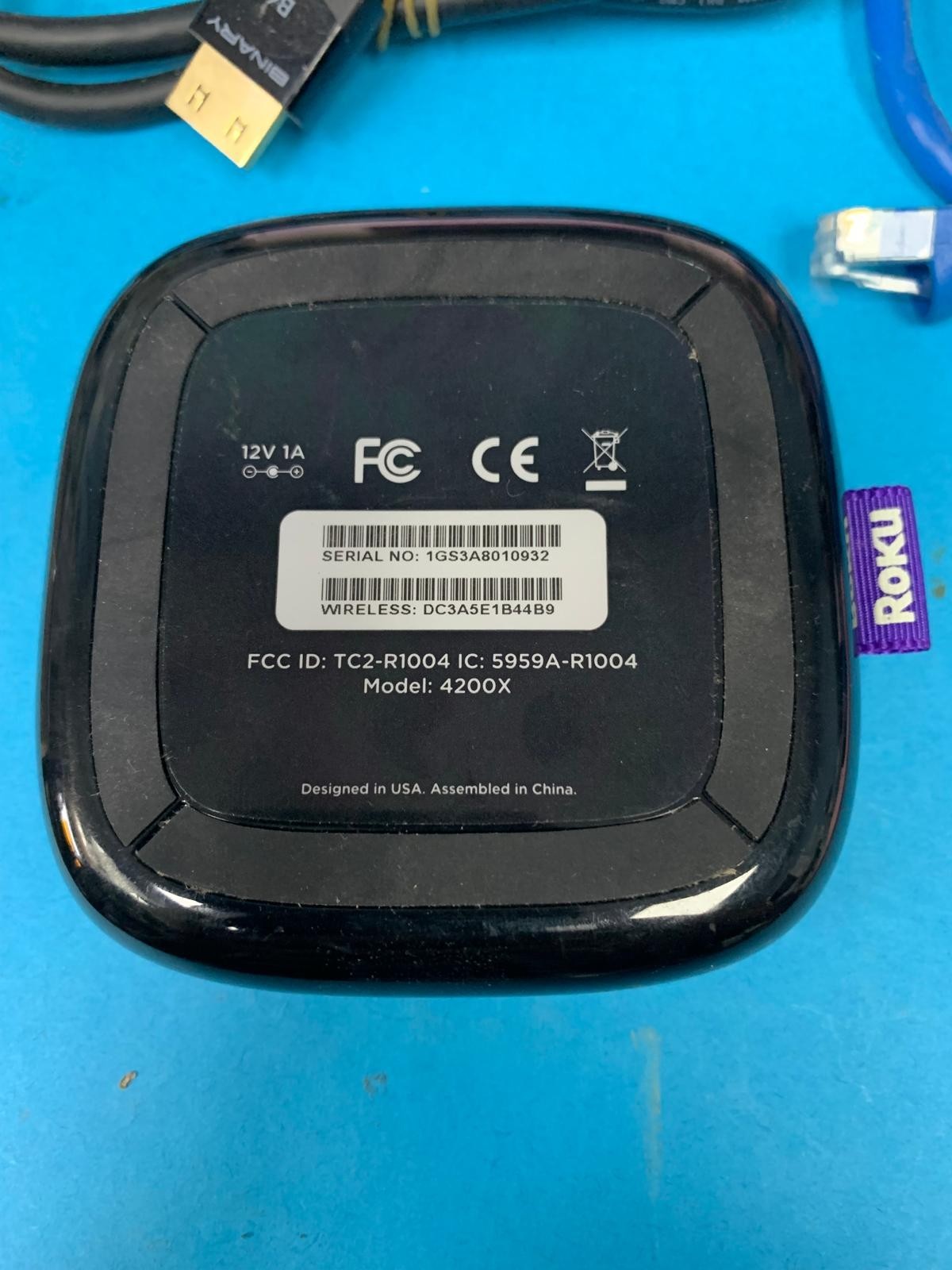 Roku 3 (4200X) Streaming Media Player Power Cord Internet Cable HDMI (No Remote)