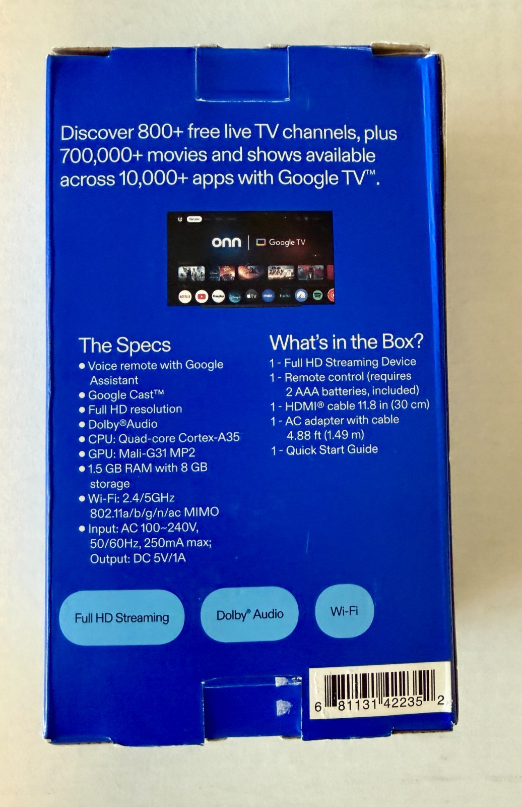 Onn Full HD Streaming Stick 1080p Google TV 1.5GB RAM 8GB WiFi HDMI