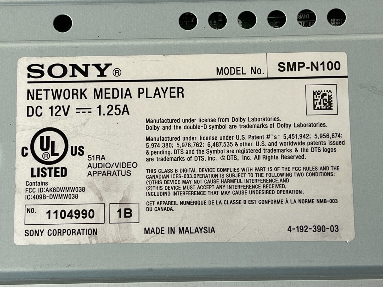 Sony SMP-N100 Streaming Media Player Wi-Fi HDMI Ethernet 1080p