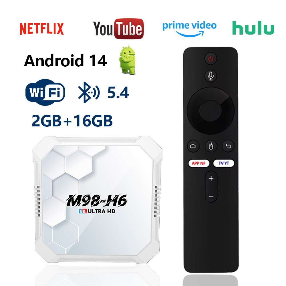 M98-H6 Android14 TV Box 2GB+16GB BT5.4 WiFi 8K UHD Player Voice Remote
