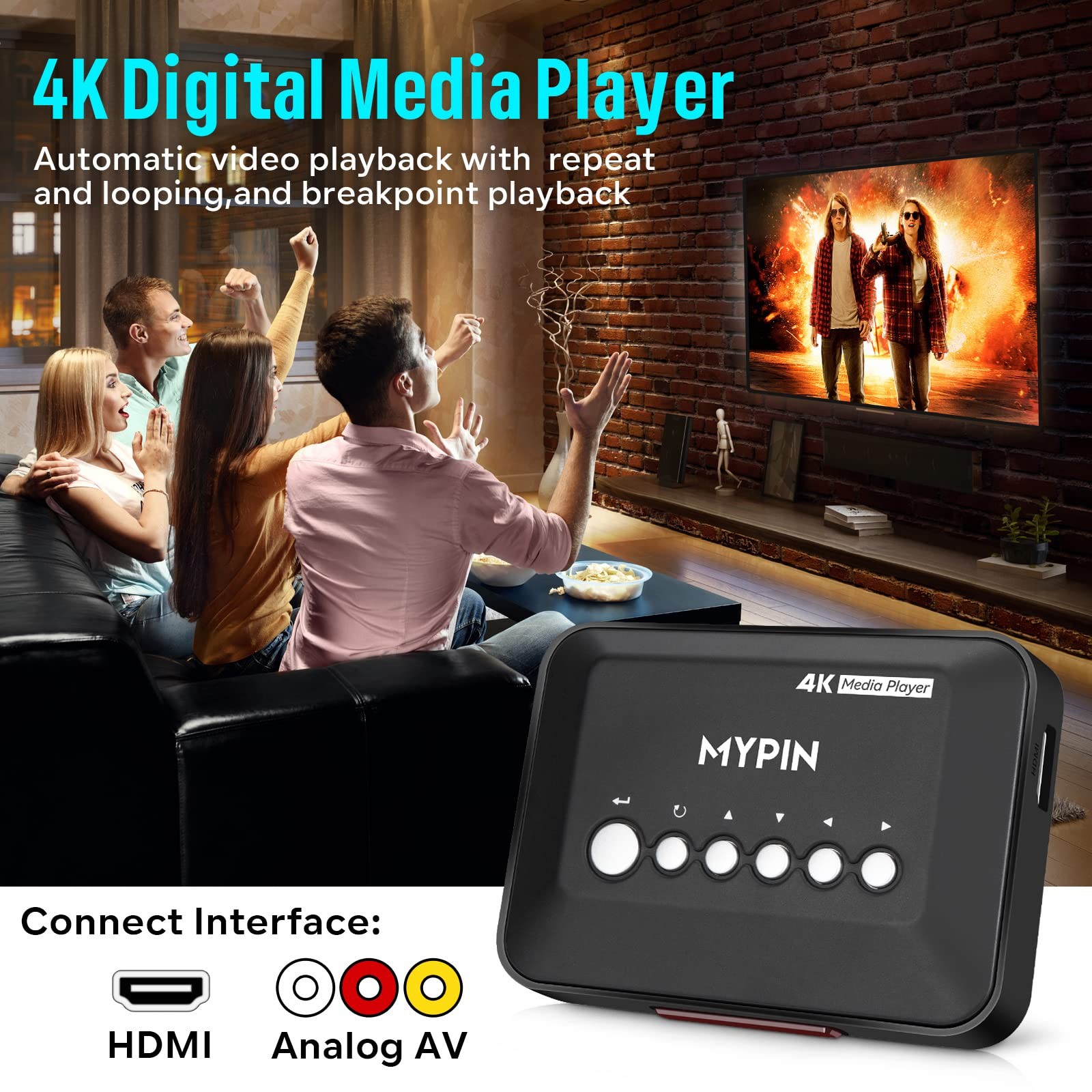 4K30hz HDMI TV Media Player with HDMI/AV Output, Digital MP4 Player for 14TB …