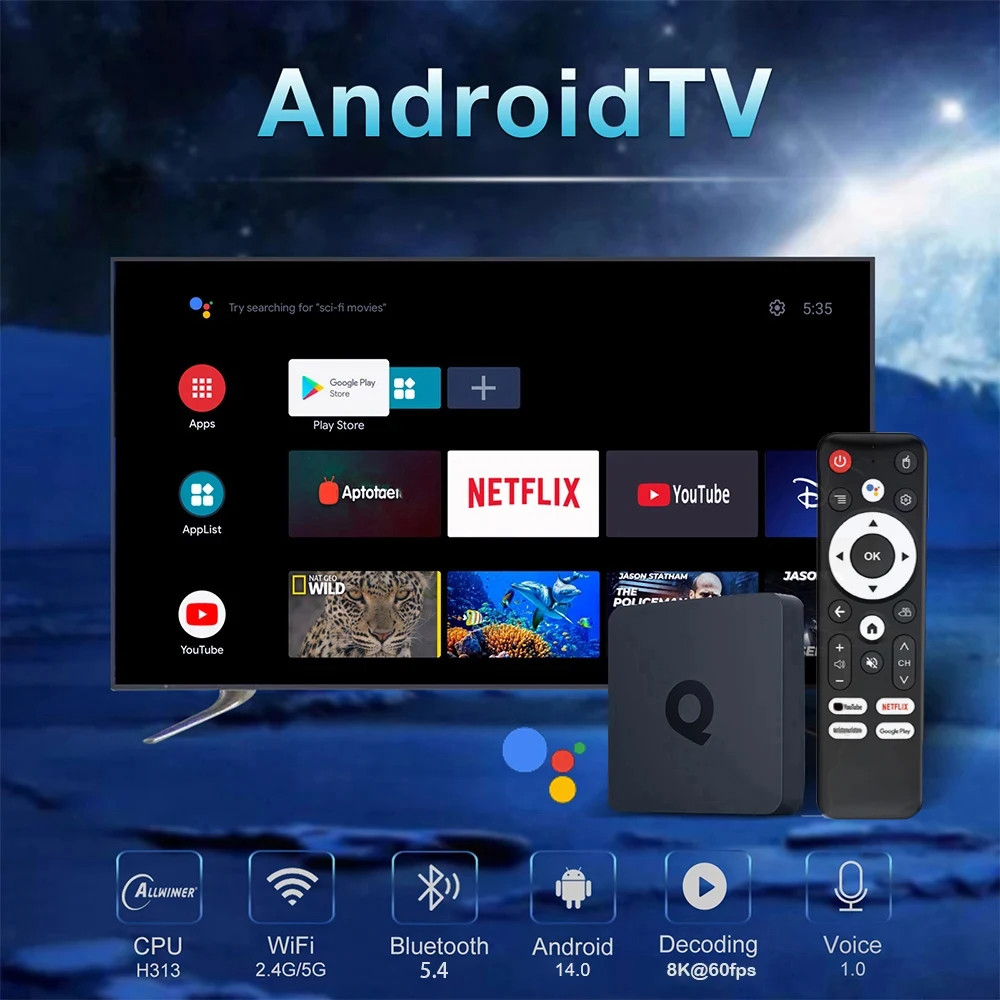 Q1 Android 14 TV Box 8K Allwinner H313 Quad Core 8GB/128GB 5G WiFi BT5.4
