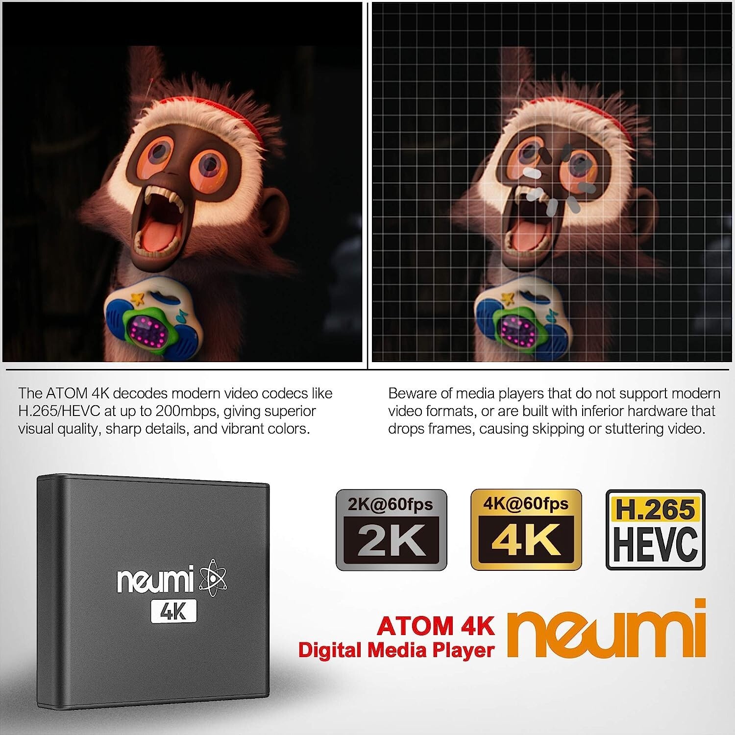 NEUMI Atom 4K Ultra-HD Digital Media Player, USB Drives, SD Cards HDMI Analog AV