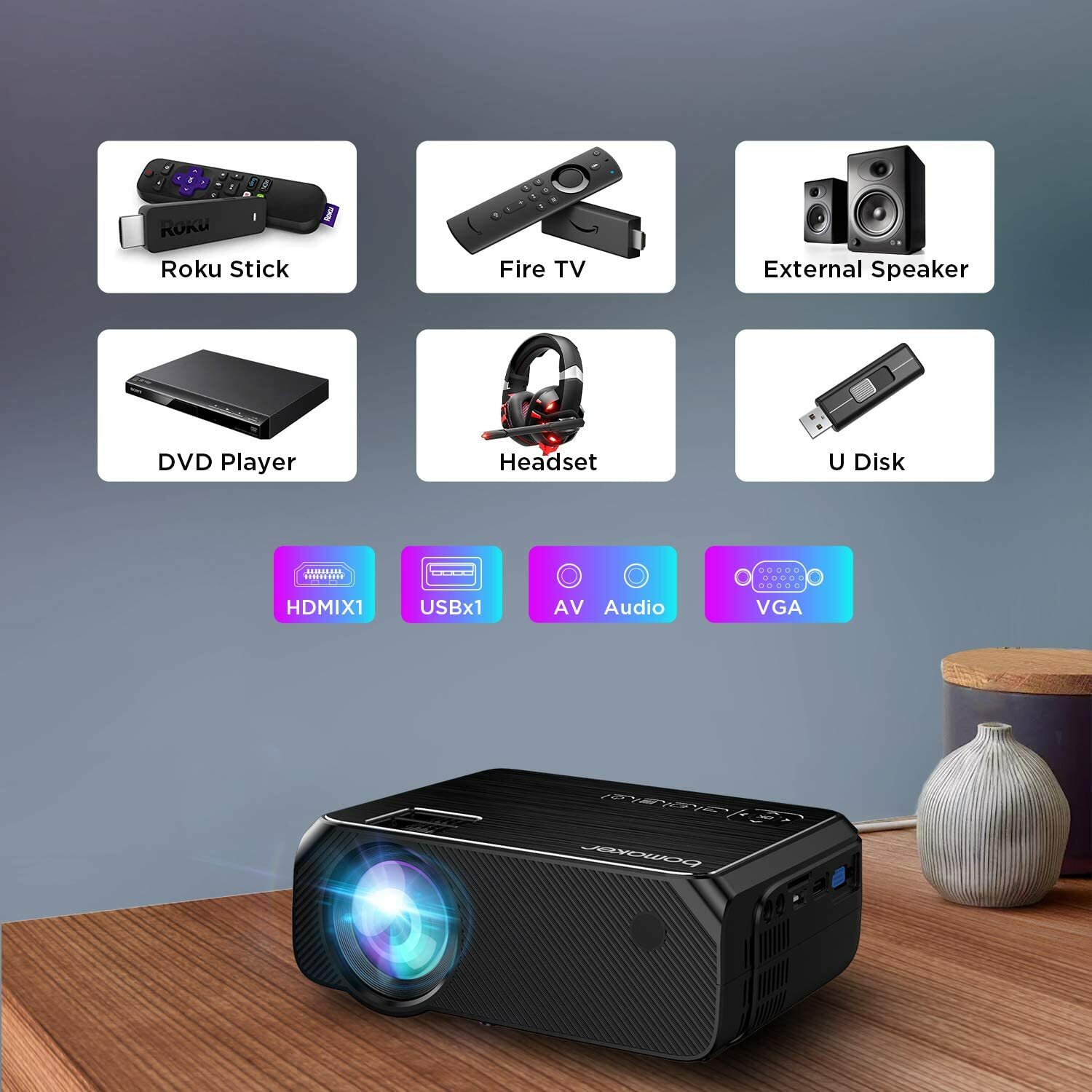 Mini Wi-Fi Portable Phone Projector for Outdoor Movies + 120″ portable screen