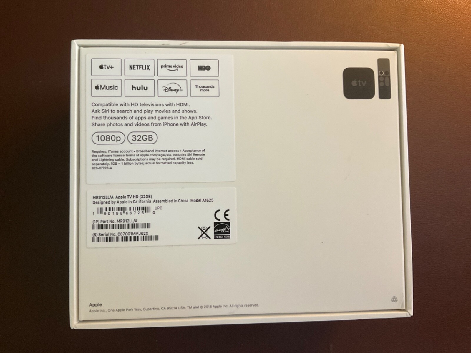 Apple TV Empty Box, Model 1625, 32 GB (Empty Box Only) w/Decals, Papers & Cord