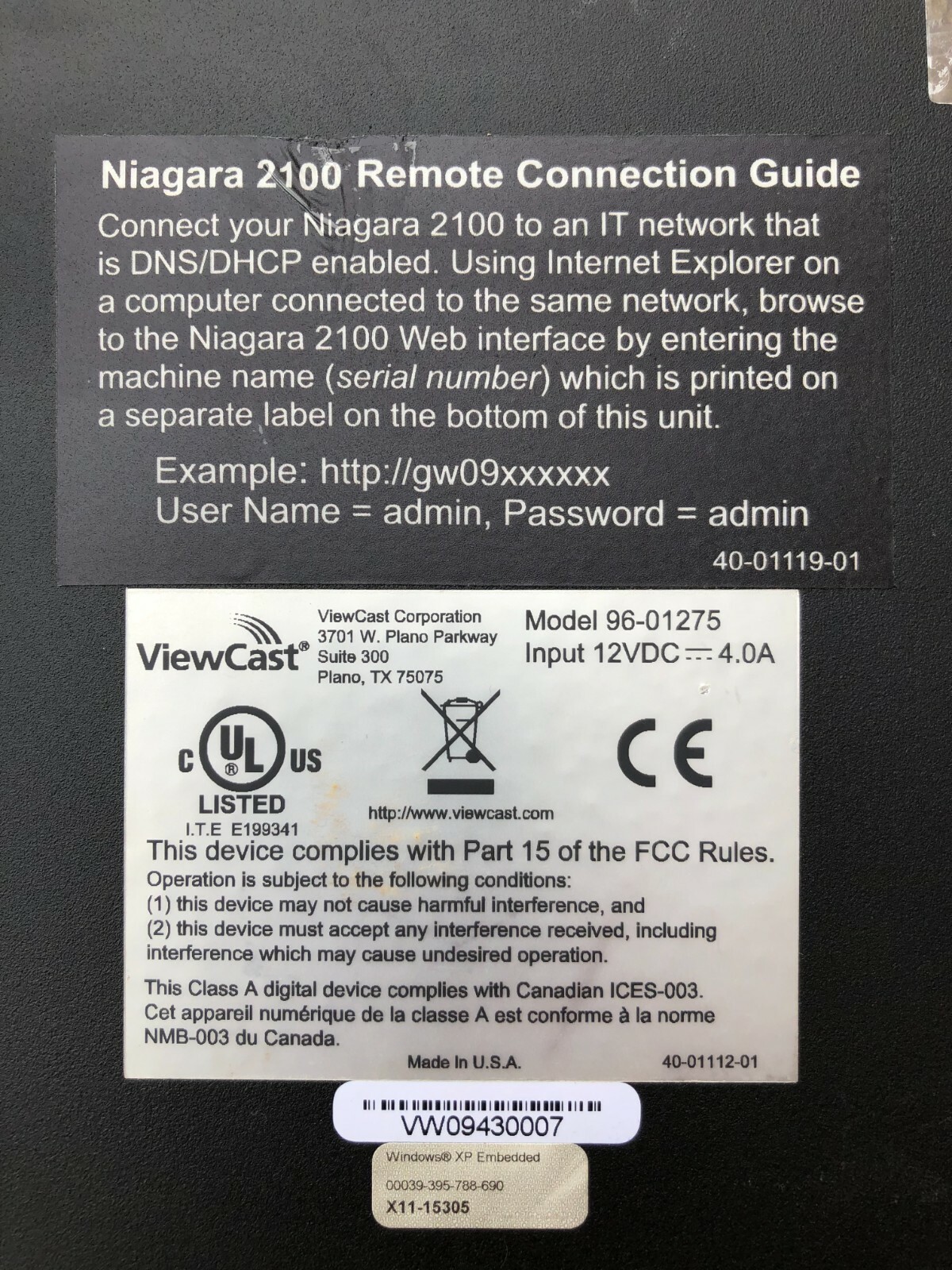 ViewCast Niagara 2100 Digital Media Streamer (Encoding Appliance) 96-01275 AS IS
