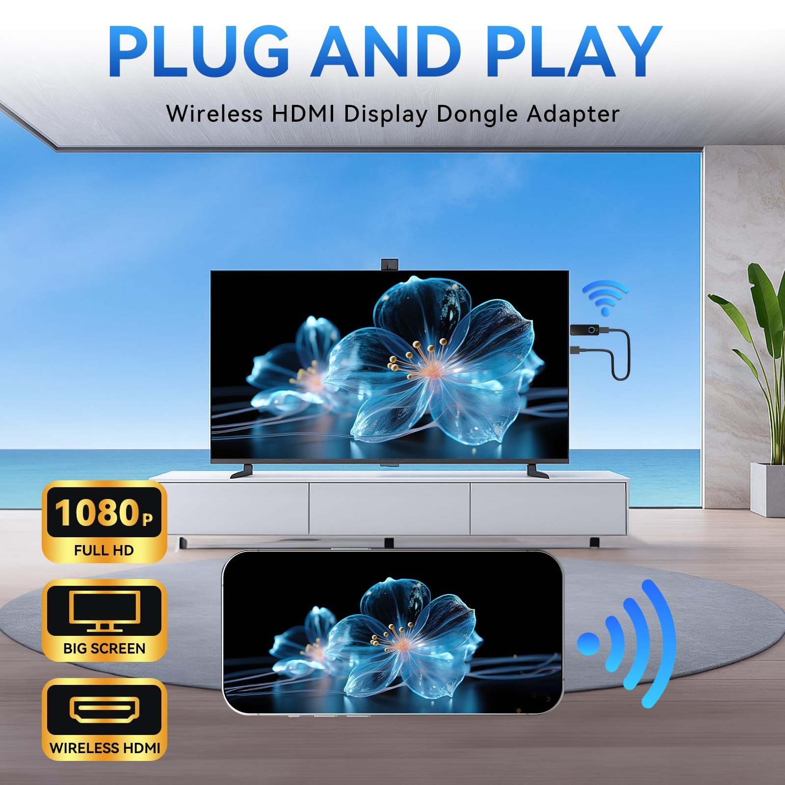 Wireless HDMI Display Dongle Adapter,4K Decode 1080P Output,Portable Streamin…