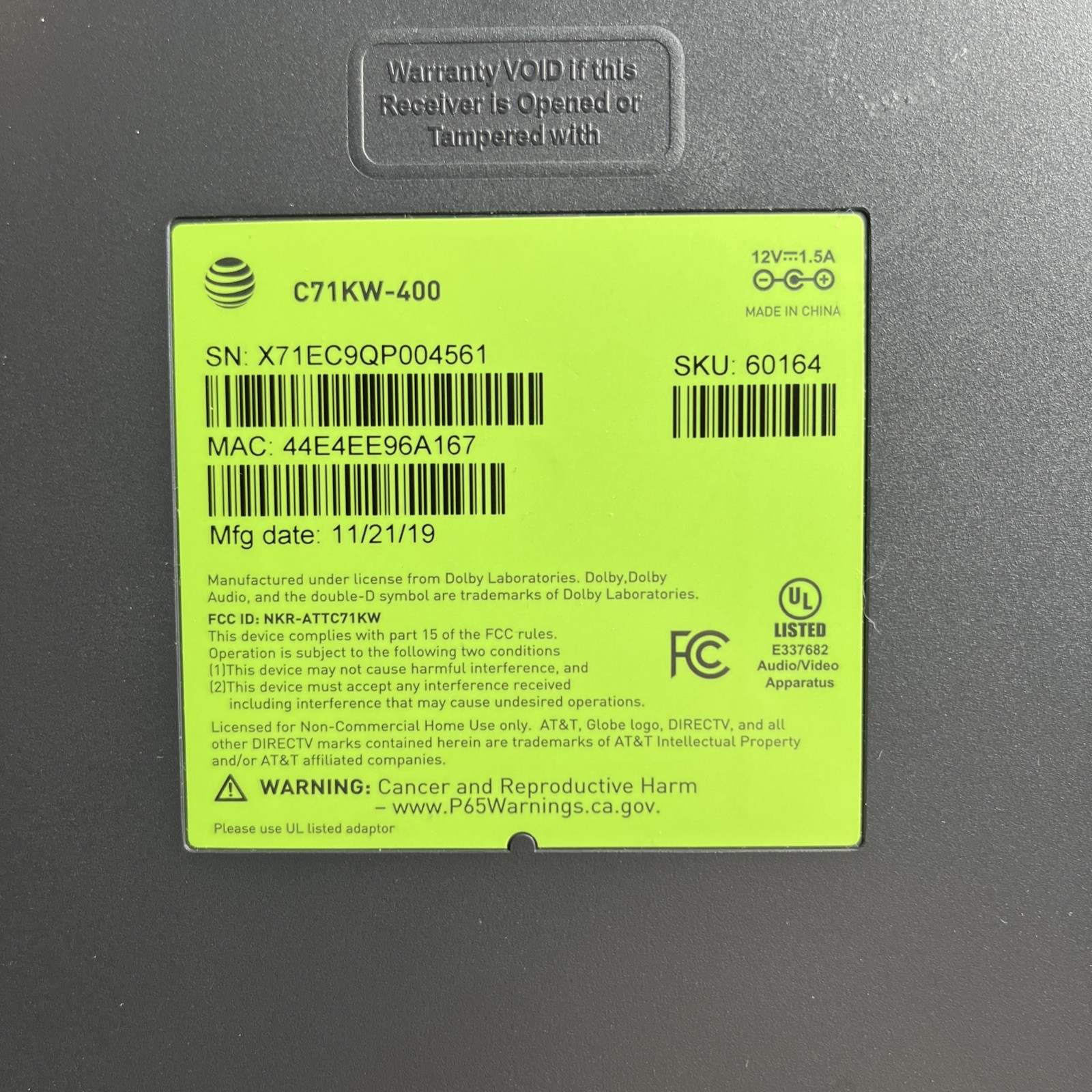 AT&T C71KW-400 Direct TV Box Player Unit Only No AC Adapter