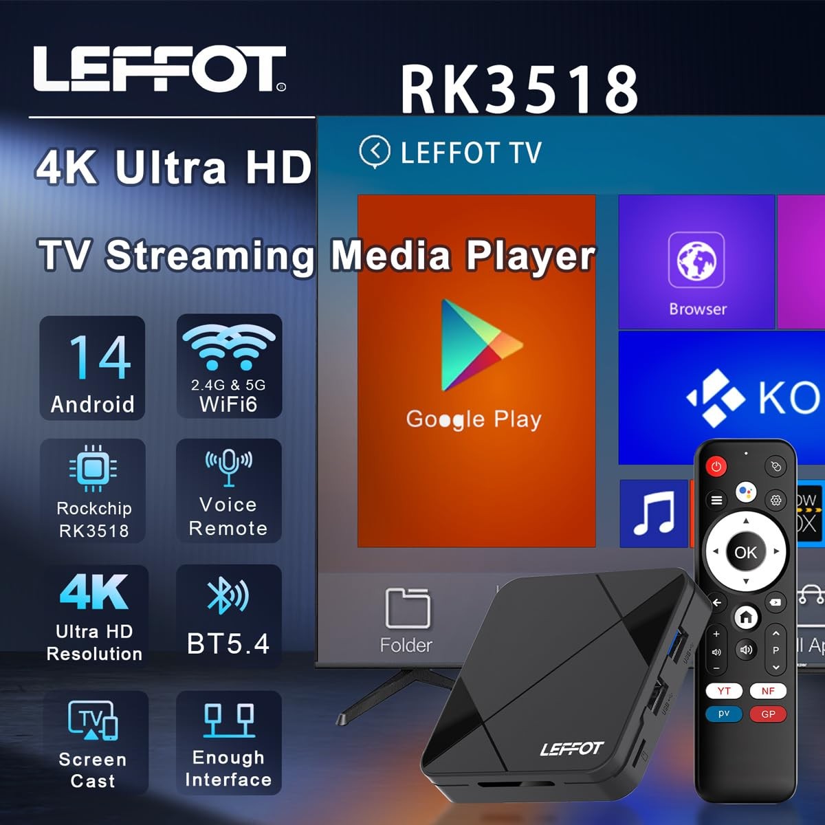 Android 14.0 TV Box 2026, 2GB RAM + 16GB ROM, LEFFOT 4K Ultra HD Home Streami…