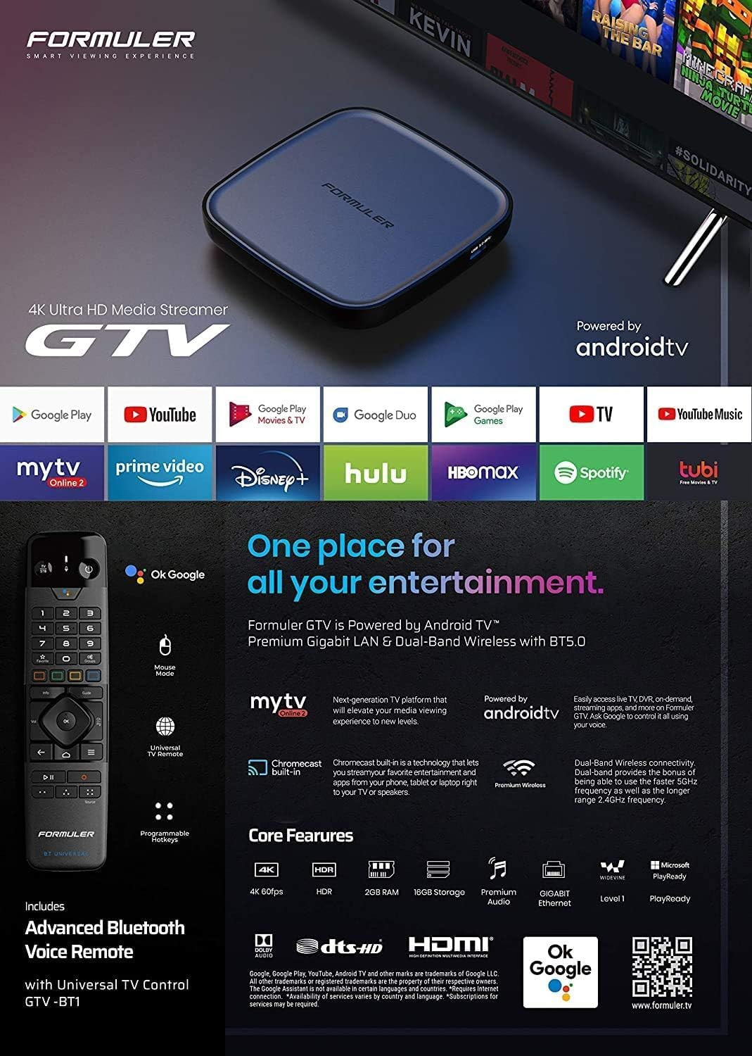 GTV 4K Media Streaming Box – Voice Remote, Dual-Band WiFi, 4K Ultra HD, Certifie