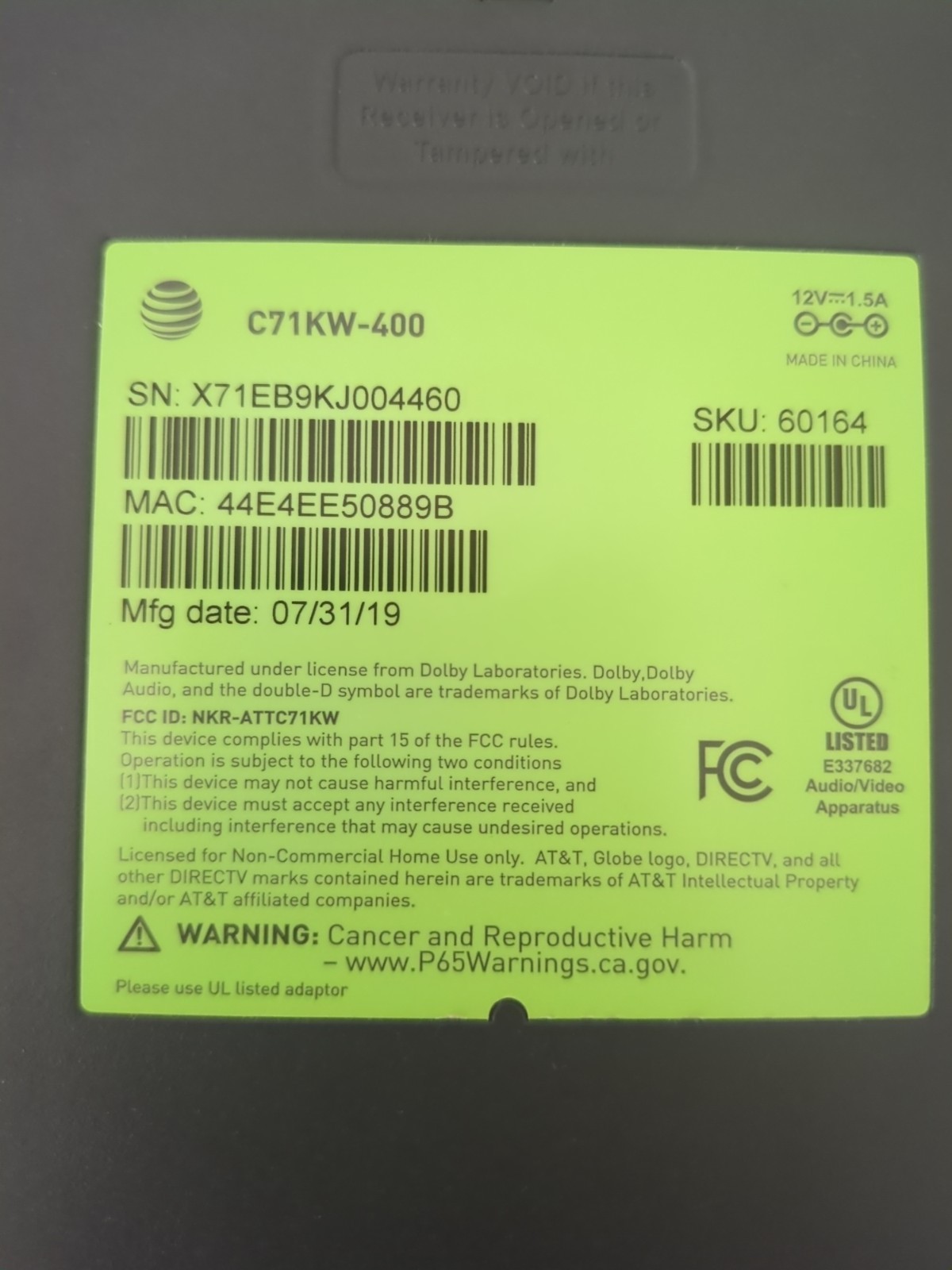 AT&T C71KW-400 Direct TV Box Player Unit Only No AC Adapter