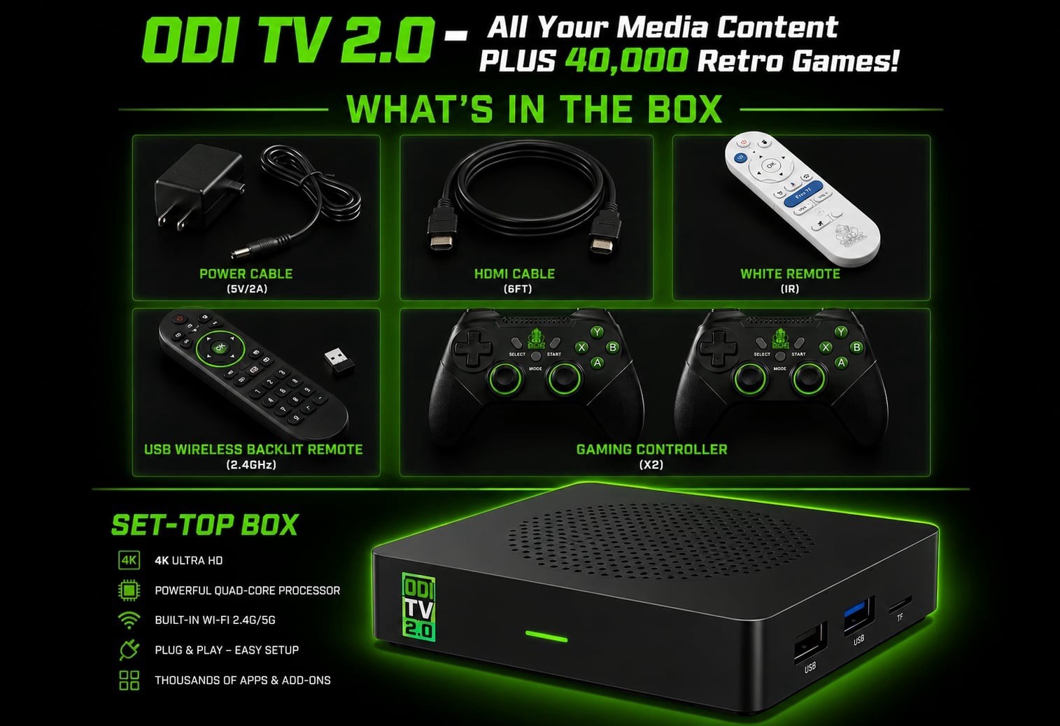 ODI TV 2.0 4K Quad Core Wi-Fi HDMI/USB Media Streaming Box w/ 2 Controllers