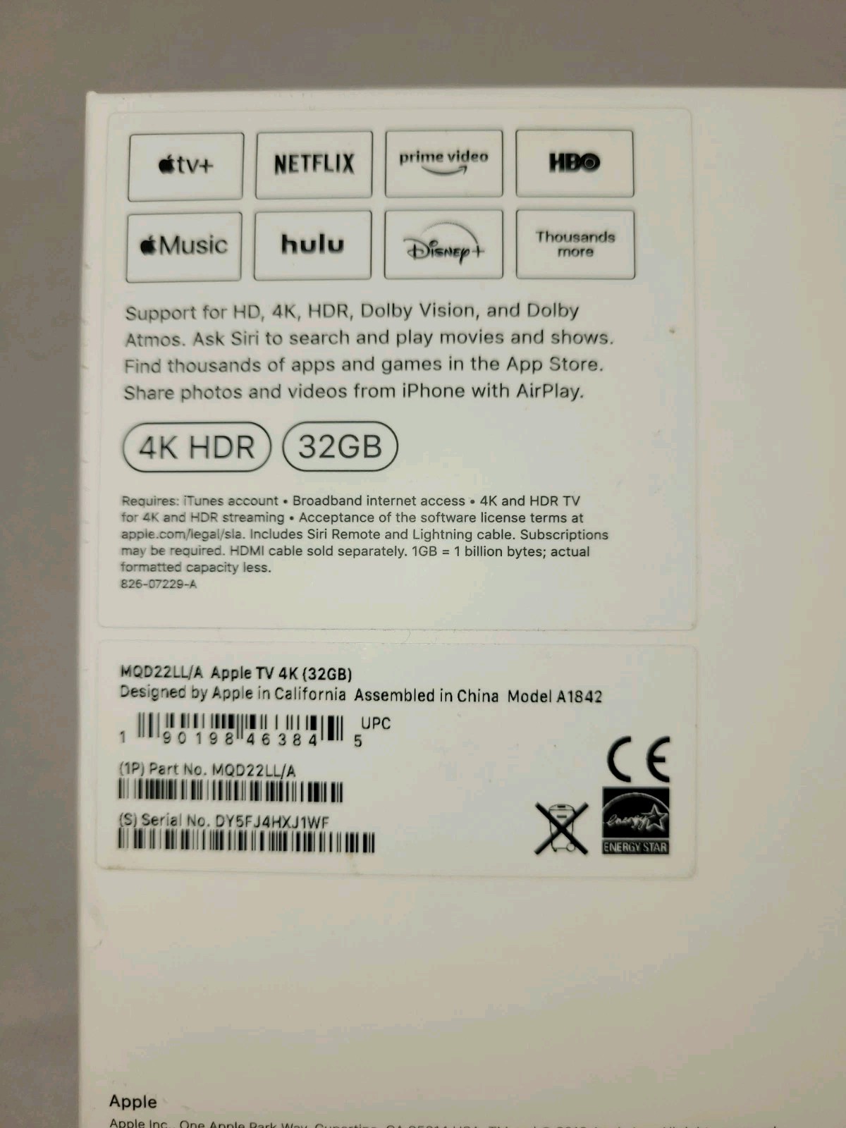 Apple TV 4K 32GB HD Media Streamer Part No MQD22LL/A No Remote In Box