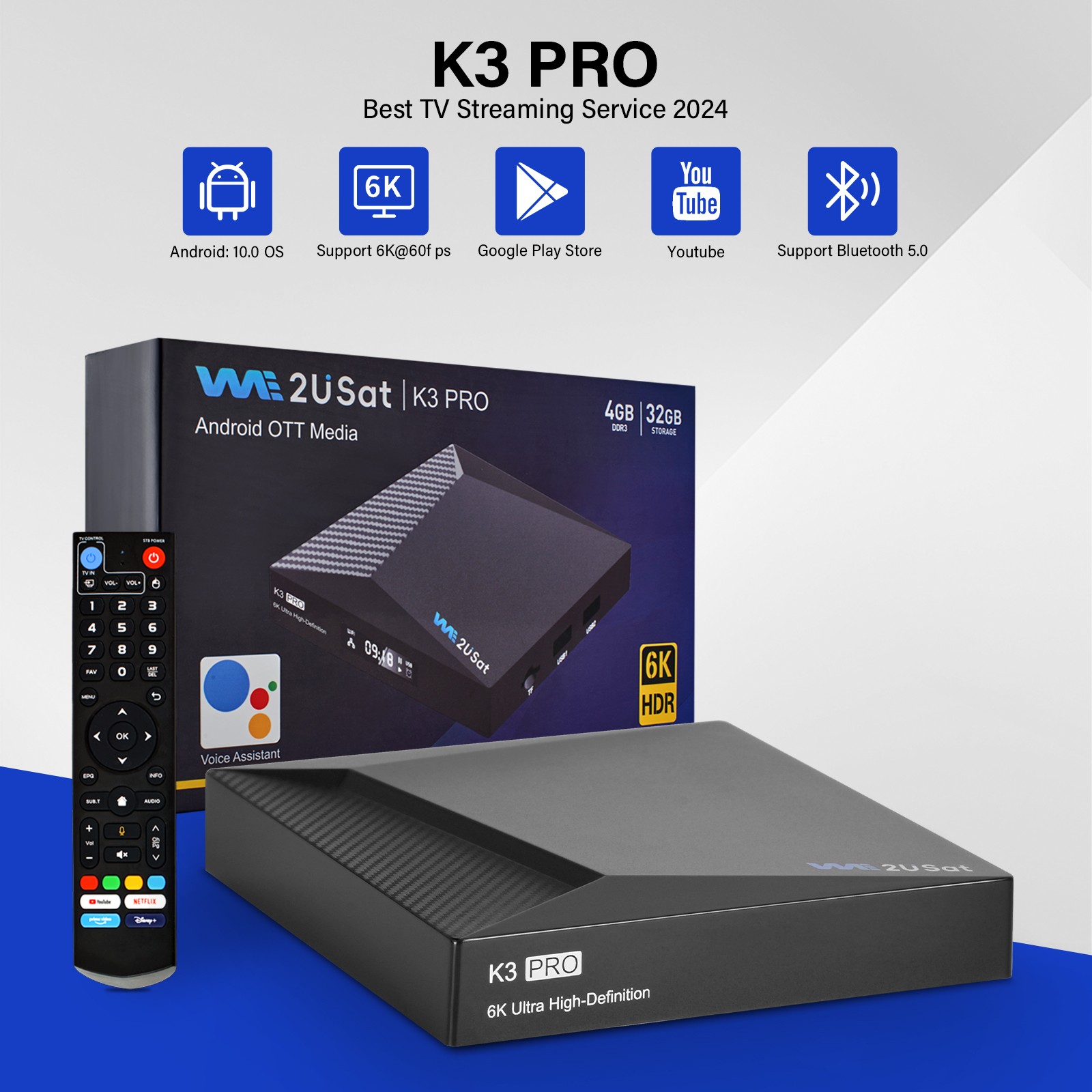 We2USat K3 PRO Android 10.0 TV Box, 6K Ultra HD Streaming Device Bluetooth 5.0
