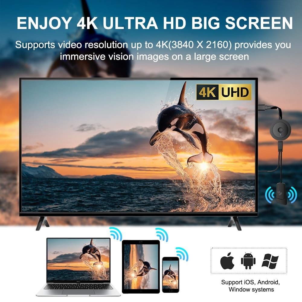 4K Wireless HDMI Adapter for iPhone, Android, Windows – Airplay, Miracast, DLNA