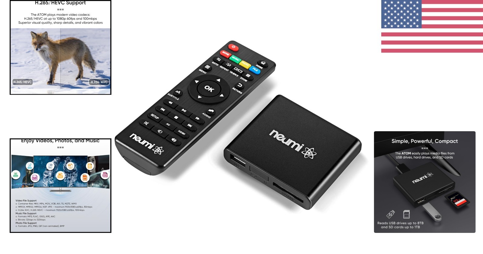 NEUMI Atom 1080P Full-HD Media Player for USB & SD Cards – Compact & Powerful
